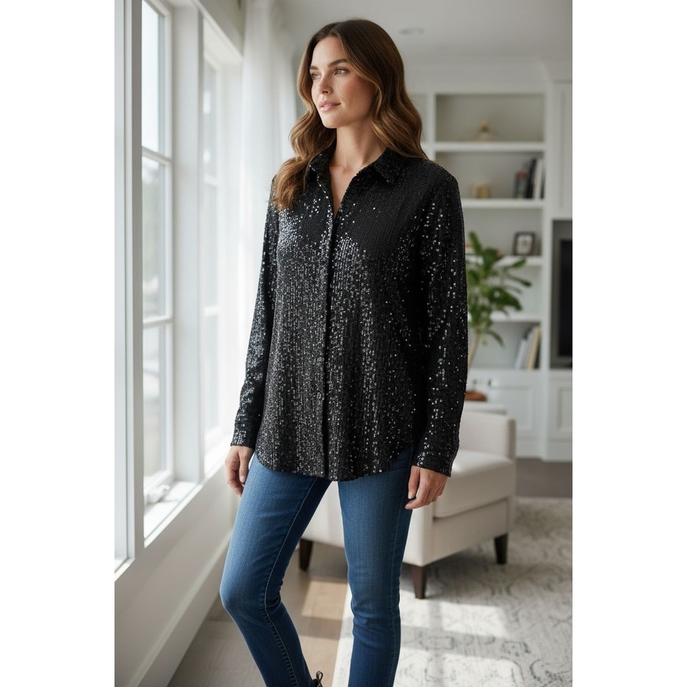 Womens Halogen All Over Sequins Holiday Black M Blouse‎ Longsleeve EUC